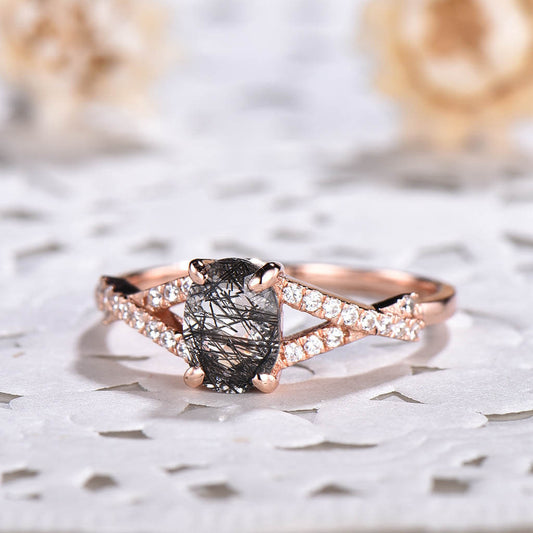 14K/18K Infinity Oval Black Rutilated Quartz Diamond Engagement Rings Vintage