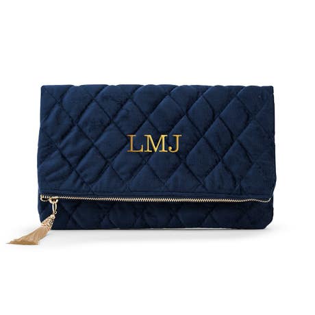 Personalized Fold Over Velvet Clutch - Navy Blue - Unique Gift for Her