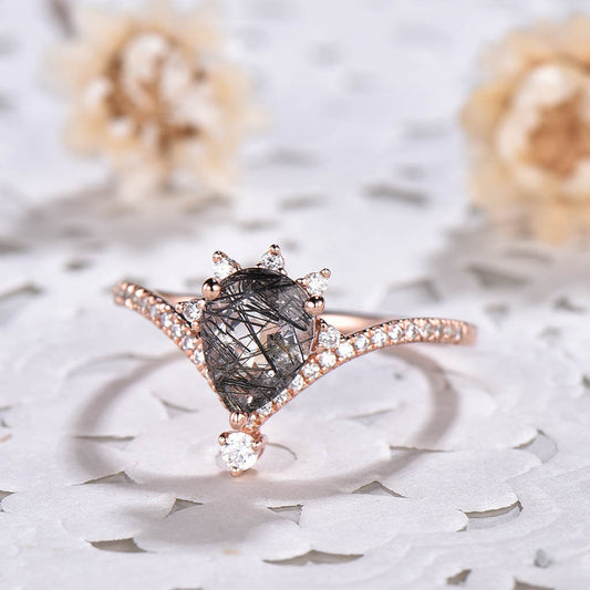 14K/18K Unqiue Art Deco Black Rutilated Quartz Engagement Rings 1.2 CT