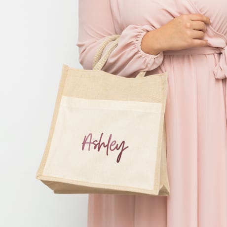 Personalized Medium Woven Jute Tote Bag With Pocket - Script Font - Unique Gift for Her