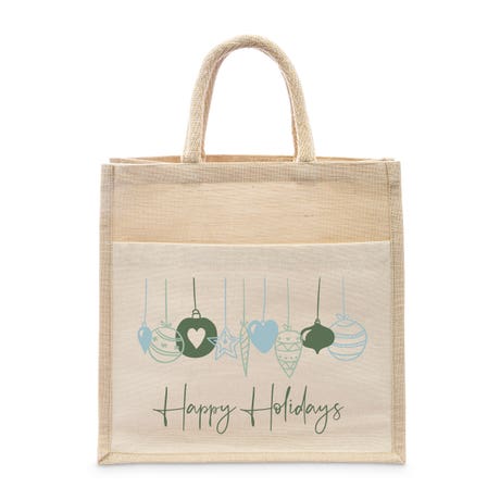 Personalized Medium Woven Jute Tote Bag with Pocket - Christmas Ornaments
