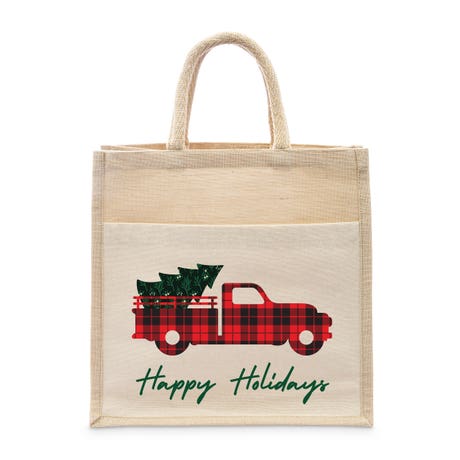Personalized Medium Woven Jute Tote Bag with Pocket - Christmas Truck