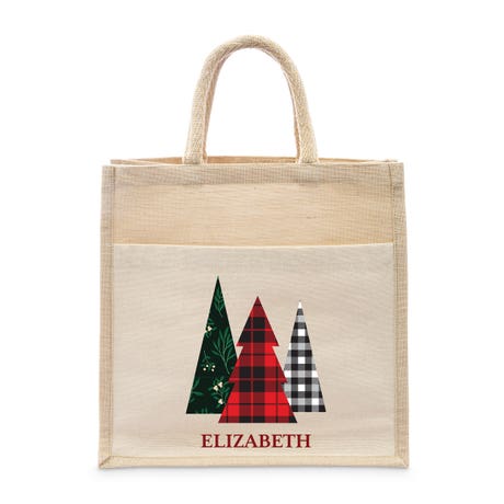 Personalized Medium Woven Jute Tote Bag with Pocket - Patterned Pines