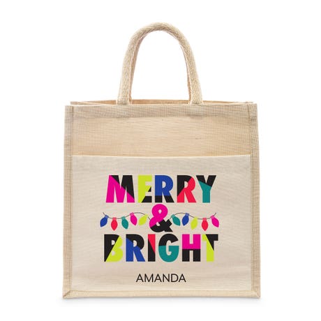 Personalized Medium Woven Jute Tote Bag with Pocket - Merry & Bright