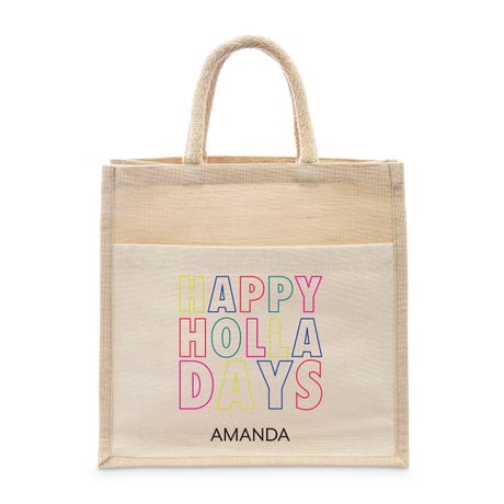 Personalized Medium Woven Jute Tote Bag with Pocket - Happy Holla Days