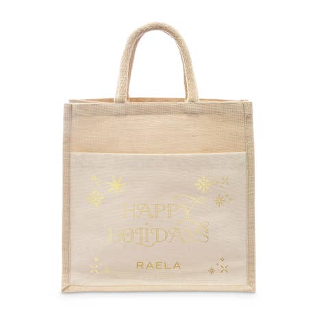 Personalized Medium Woven Jute Tote Bag with Pocket - Falling Snowflakes