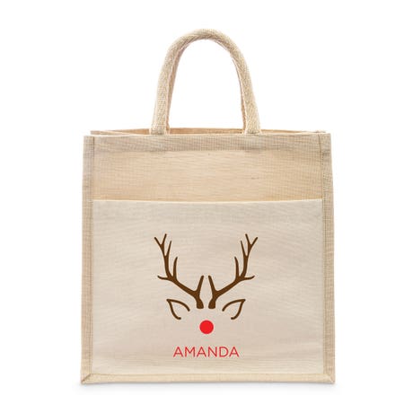 Personalized Medium Woven Jute Tote Bag with Pocket - Rudolph
