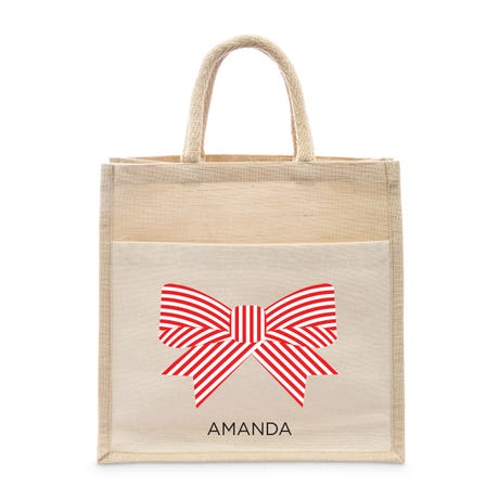 Personalized Medium Woven Jute Tote Bag with Pocket - Festive Bow