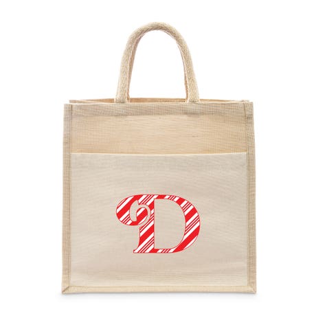 Personalized Medium Woven Jute Tote Bag with Pocket - Candy Cane Striped Initial