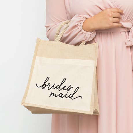Medium Reusable Woven Jute Tote Bag With Pocket - Bridesmaid