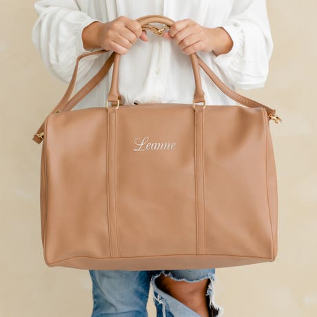 Women's Custom Embroidered Faux Leather Weekender Travel Bag - Tan - Unique Gift For Her
