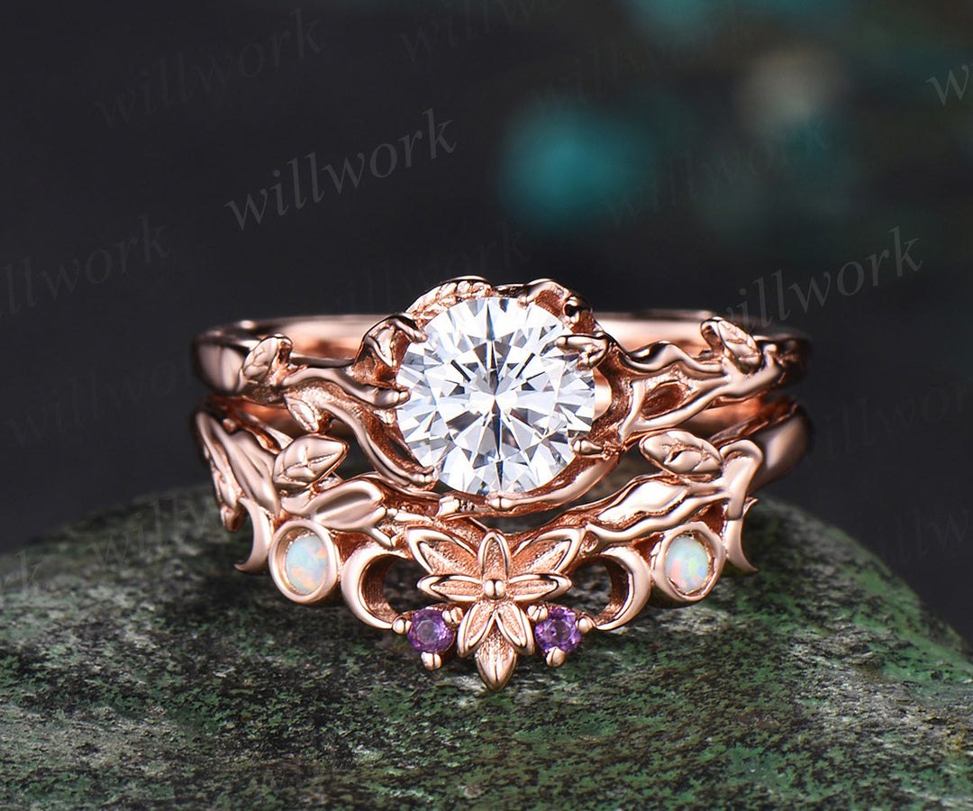 1ct Round IGI Lab Grown Diamond Engagement Ring Set Rose Gold Nature Inspired Textured Twig Opal Moon Unique Wedding Ring Set Women
