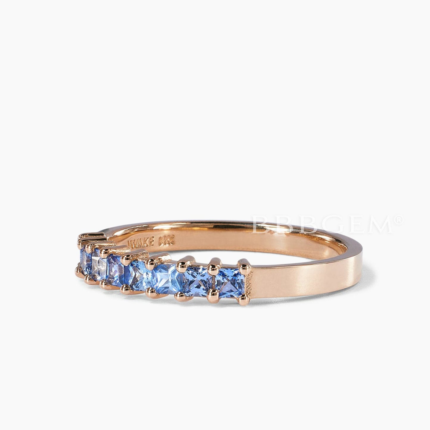 14K Rose Gold Princess Cut Natural Swiss Blue Topaz Dainty Wedding Band