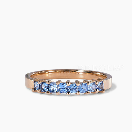 14K Rose Gold Princess Cut Natural Swiss Blue Topaz Dainty Wedding Band