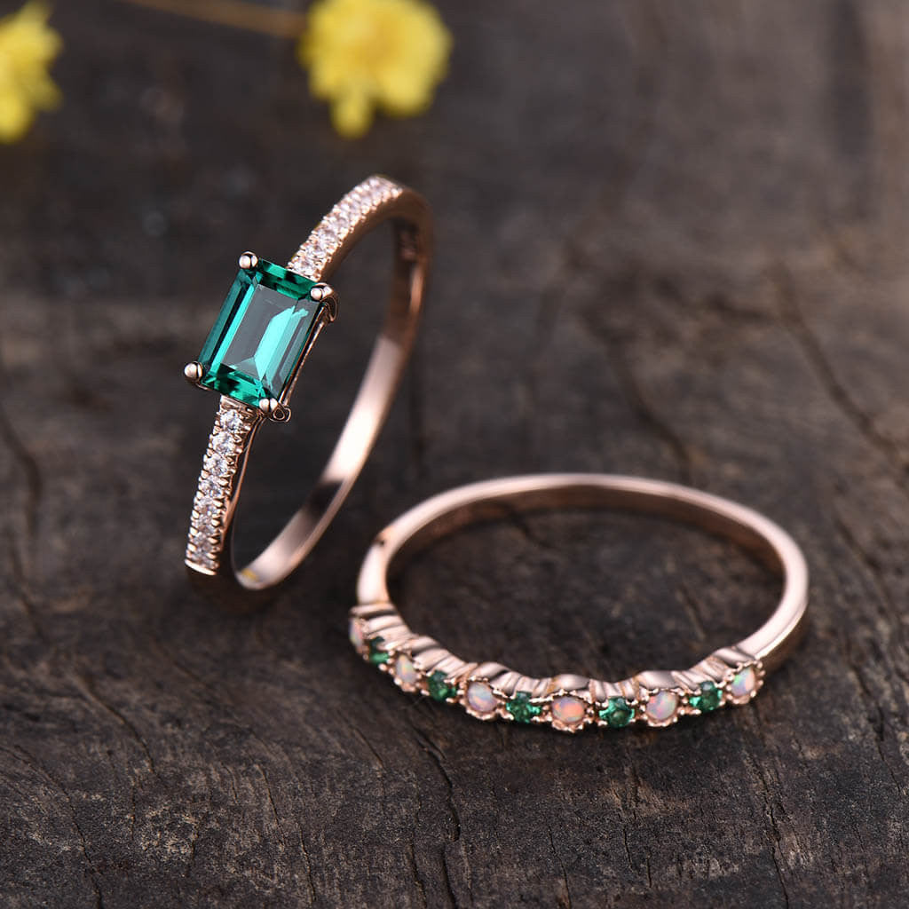 East To West Emerald Diamond Engagement Ring Baguette Cut Rose Gold Wedding Opal Set