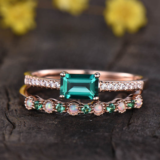 East To West Emerald Diamond Engagement Ring Baguette Cut Rose Gold Wedding Opal Set
