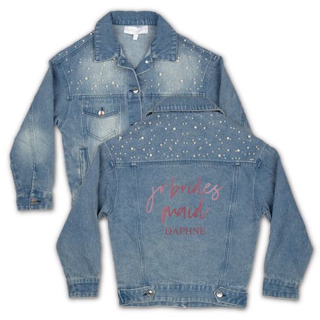 Girl's Wedding Party Denim Pearl Jacket with Print on Back - Jr. Bridesmaid Script