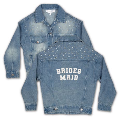 Women€™s Wedding Party Denim Pearl Jacket with Print on Back - Bridesmaid