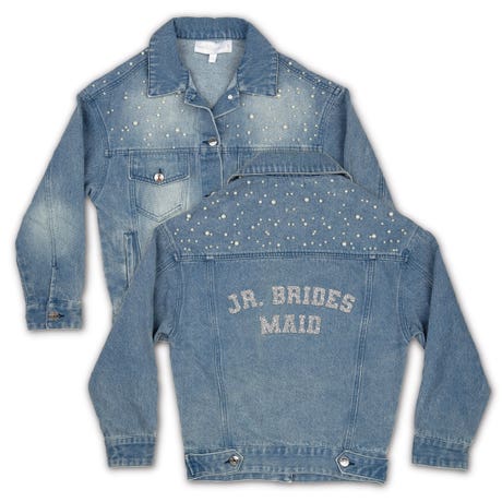 Girl's Wedding Party Denim Pearl Jacket with Print on Back - Jr. Bridesmaid