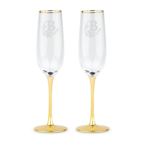 Personalized Gold Accented Champagne Flutes - Modern Fairy Tale Initial - Set of 2