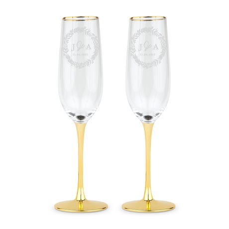 Personalized Gold Accented Champagne Flutes - Love Wreath - Set of 2