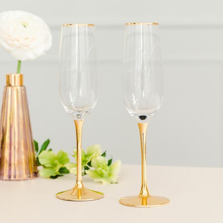 Personalized Gold Accented Champagne Flutes - Elegant Script Monogram - Set of 2 - Unique Gift For Her