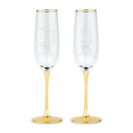 Personalized Gold Accented Champagne Flutes - Bride & Groom - Set of 2
