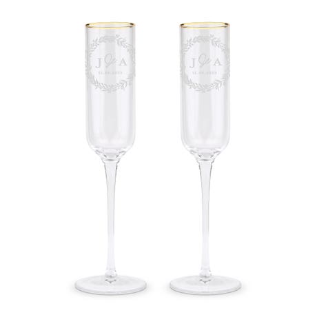 Personalized Gold Rimmed Champagne Flutes - Love Wreath Initial - Set of 2