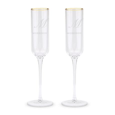 Personalized Gold Rimmed Champagne Flutes - Elegant Script Monogram - Set of 2