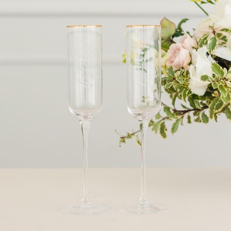 Personalized Gold Rimmed Champagne Flutes - Bride & Groom - Set of 2