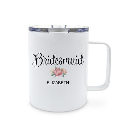 Personalized 14 oz. Insulated White Metal Travel Coffee Mug - Bridesmaid