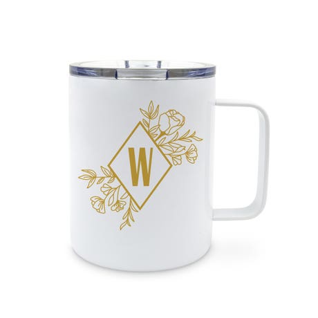 Personalized 14 oz. Insulated White Metal Travel Coffee Mug - Floral Monogram