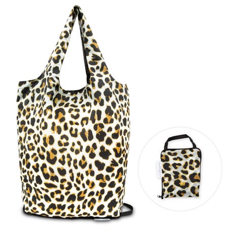 Reusable Foldable Compact Tote Bag - Leopard Print - Unique Gift For Her