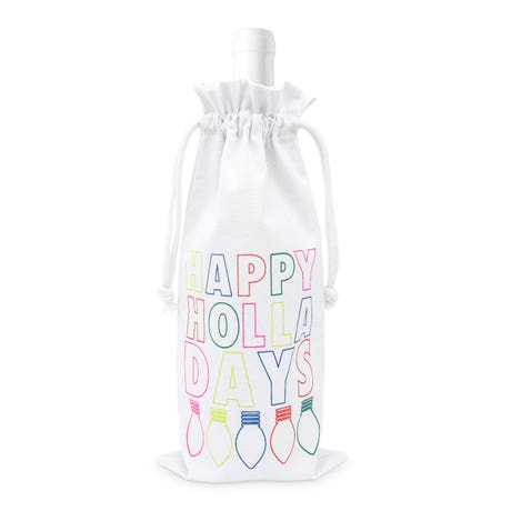 Single Bottle Christmas Drawstring Wine Tote - Happy Holla Days