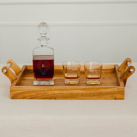 Custom Engraved Whiskey Decanter Gift Set - Diamond Emblem Monogram - Unique Gift for Him
