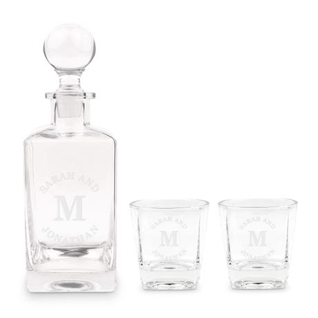 Custom Engraved Whiskey Decanter Gift Set - Wrap Text Monogram