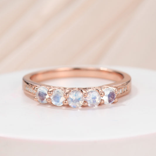 Five Stone Round Moonstone Diamond Birthstone Anniversary Wedding Band in Rose Gold Women Gift