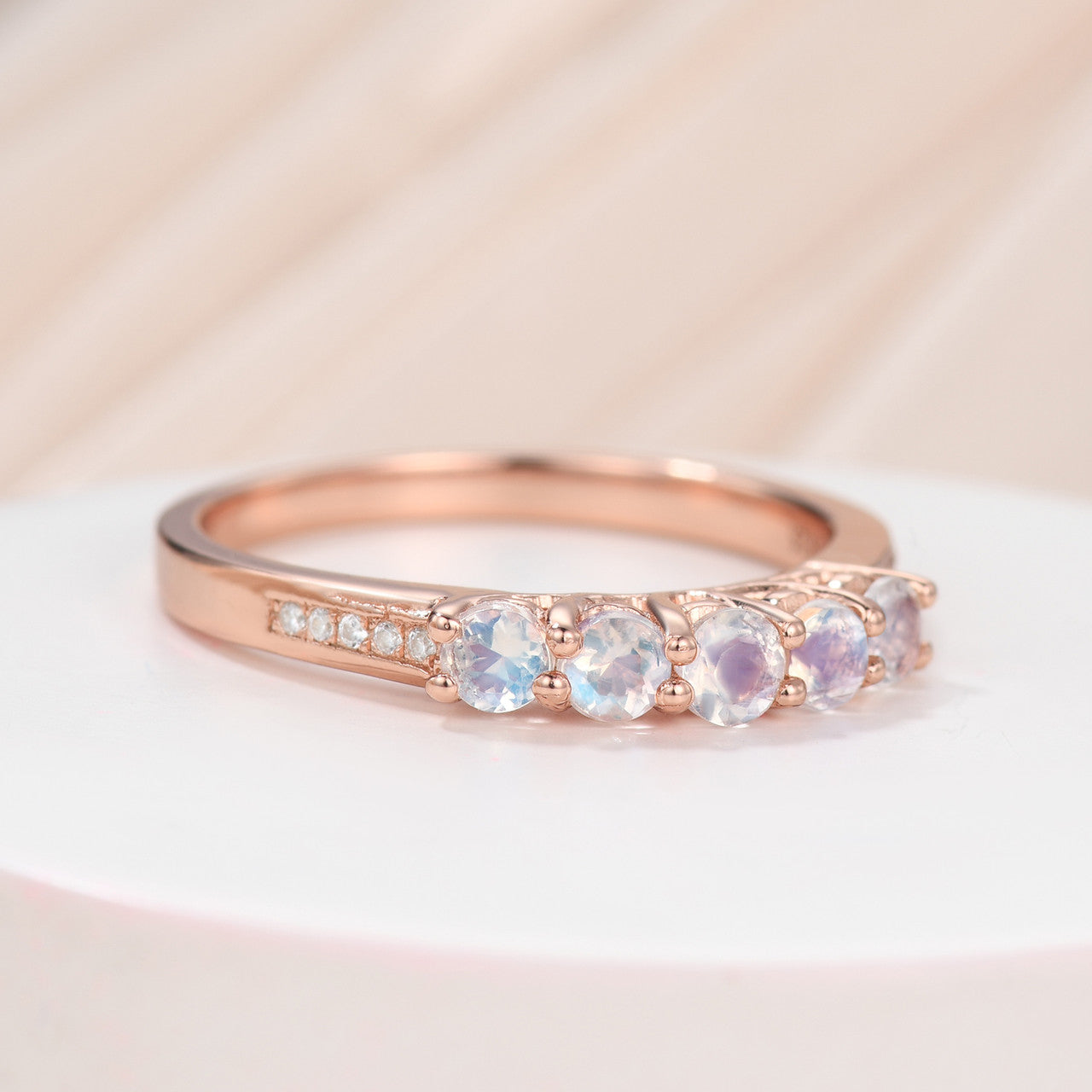 Five Stone Round Moonstone Diamond Birthstone Anniversary Wedding Band in Rose Gold Women Gift