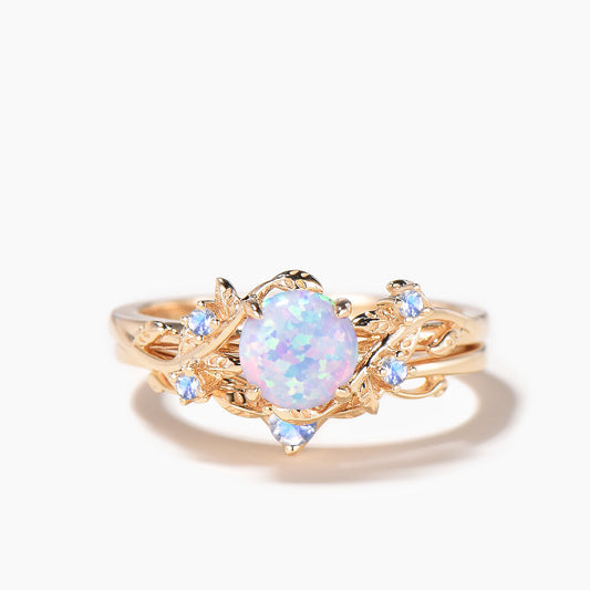1ct Round Cut White Opal Moonstone Twig Leaf Branch Gold Bridal Ring Set