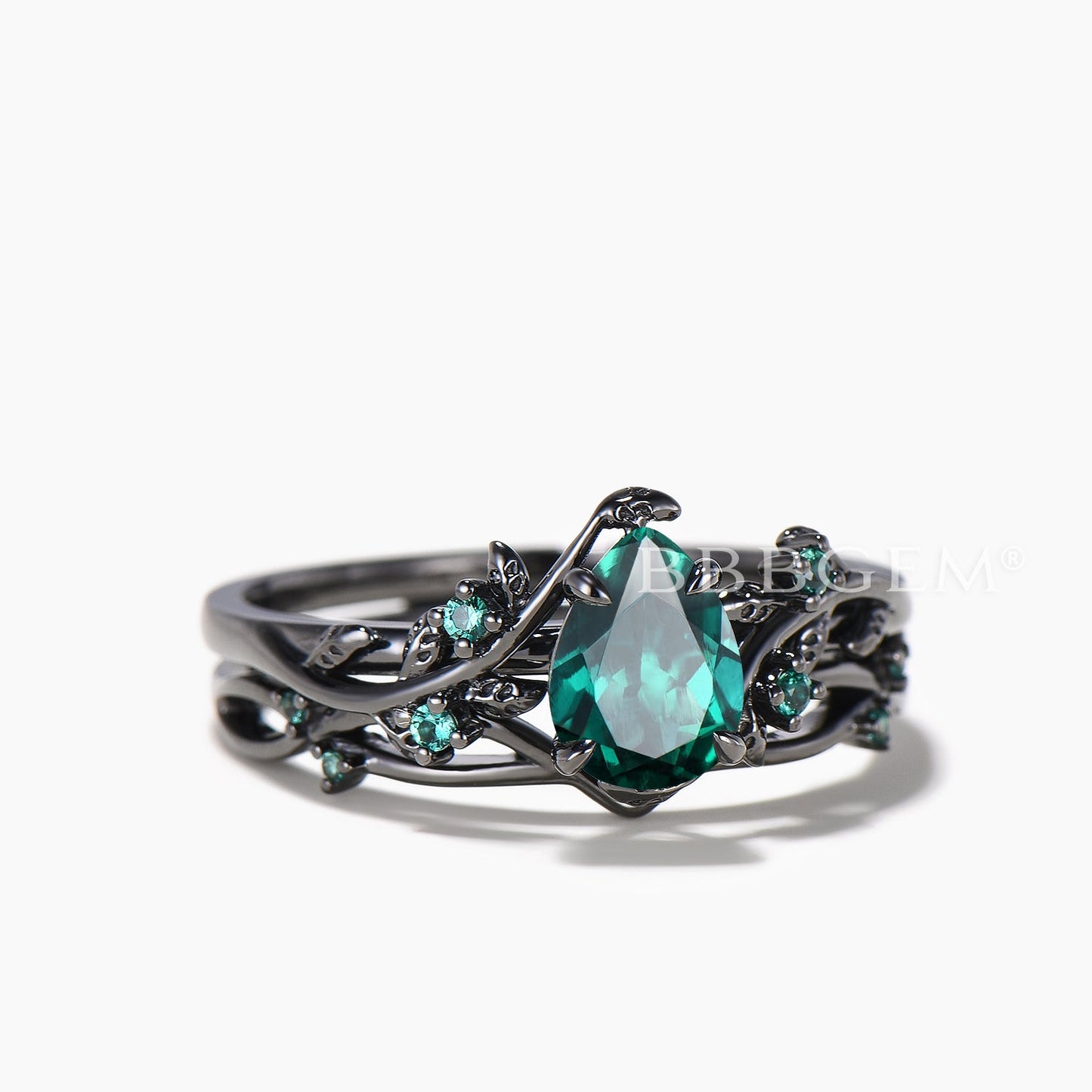 1.25ct Teardrop Cut Green Emerald Nature Inspired Bridal Set Emerald Leaf Black Gold Ring