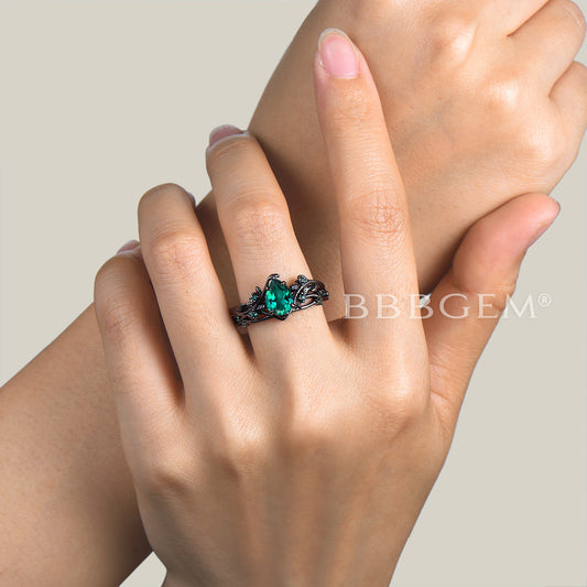 1.25ct Teardrop Cut Green Emerald Nature Inspired Bridal Set Emerald Leaf Black Gold Ring
