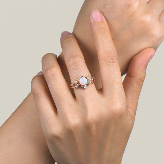 1ct Round Cut White Opal Moonstone Twig Leaf Branch Gold Bridal Ring Set