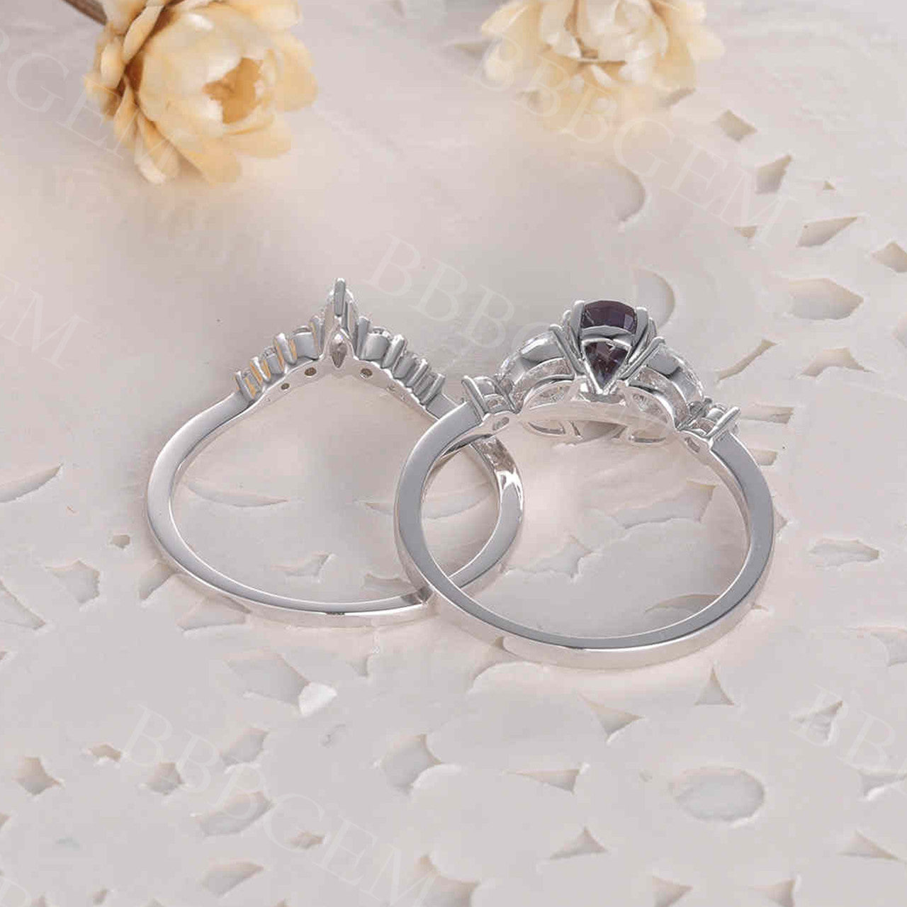 5x7mm Alexandrite Engagement Ring Set Moissanite Pave Chevron Bridal Set