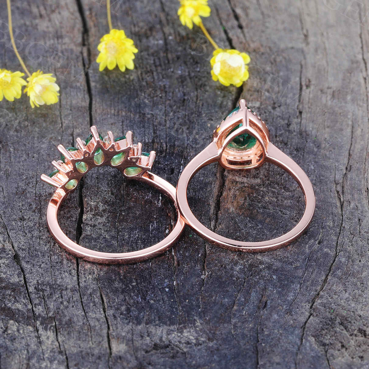 Halo Emerald Engagement Ring Set Pear Cut Emerald Diamond Cluster Ring Rose Gold Bridal Set