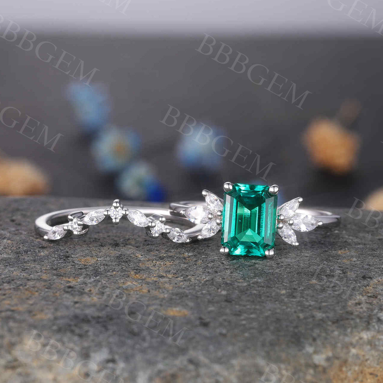 Emerald Diamond Engagement Ring Set Floral Promise Bridal Wedding Set