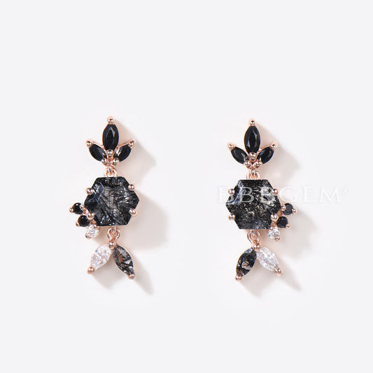 Hexagon Cut Genuine Black Rutilated Quartz Stud Earrings Black Gemstone Earrings