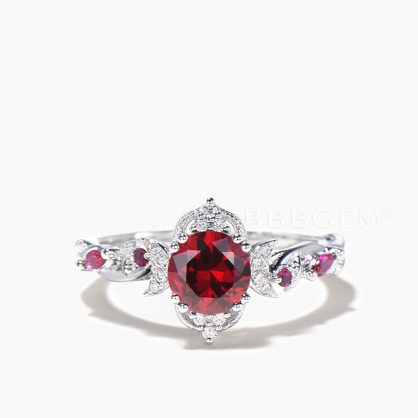 3PC Bridal Set Round Cut Ruby Moon Engagement Ring Diamond Curved Band