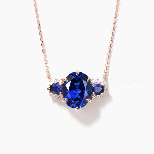 1.5CT Oval Cut Sapphire Pendant Diamond Cluster Rose Gold Necklace