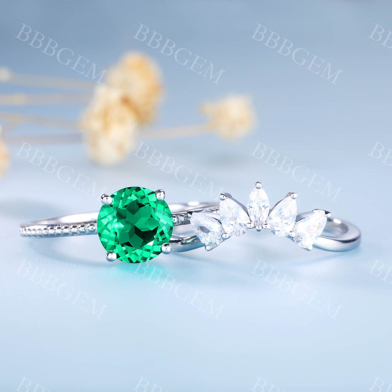 14K White Gold Emerald Wedding Ring Set Round Gemstone Ring Diamond Wedding Band