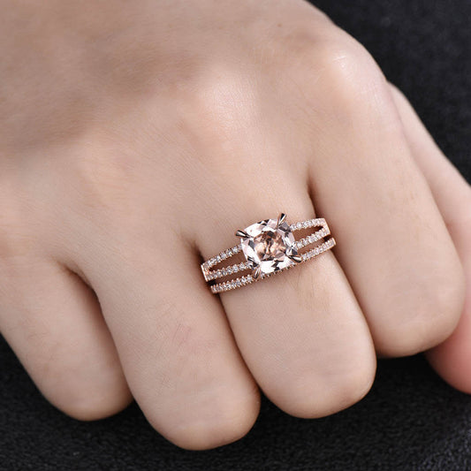 14K/18K Gold Cushion Morganite Engagement Ring Diamond Wedding Set